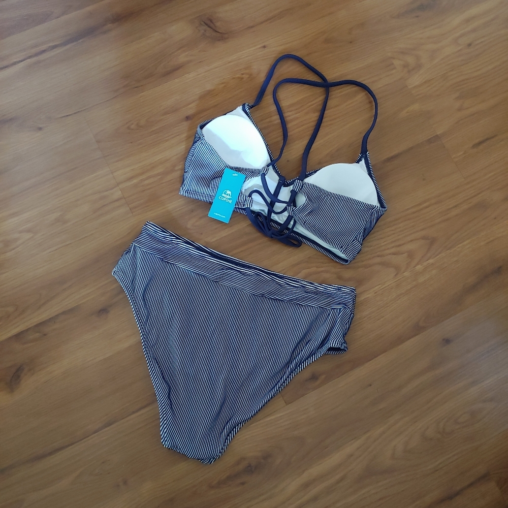 NWT Cupshe Blue Holographic V Two Piece Lace Bikini Swimsuit High Rise Bathing L - Picture 5 of 10